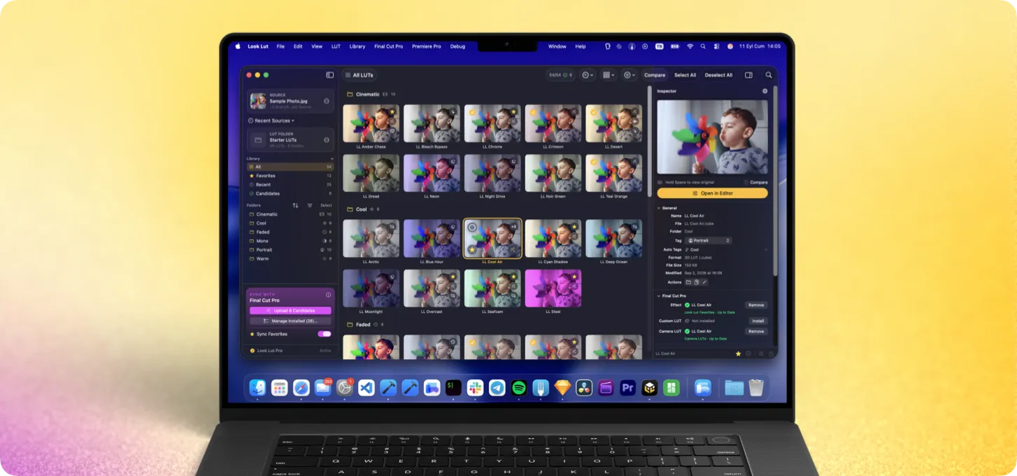 Look Lut's grid of LUT previews open on a MacBook Pro.
