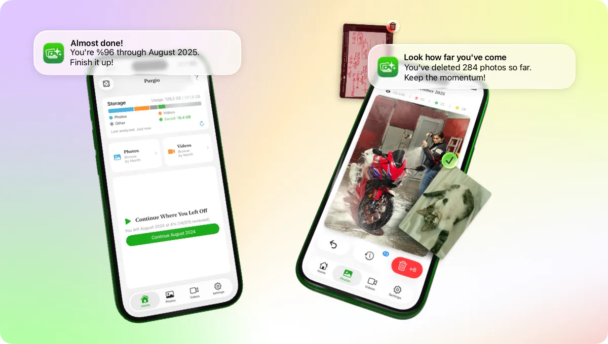 Two iPhones running Purgio, one swiping through photos, with its progress notifications above.