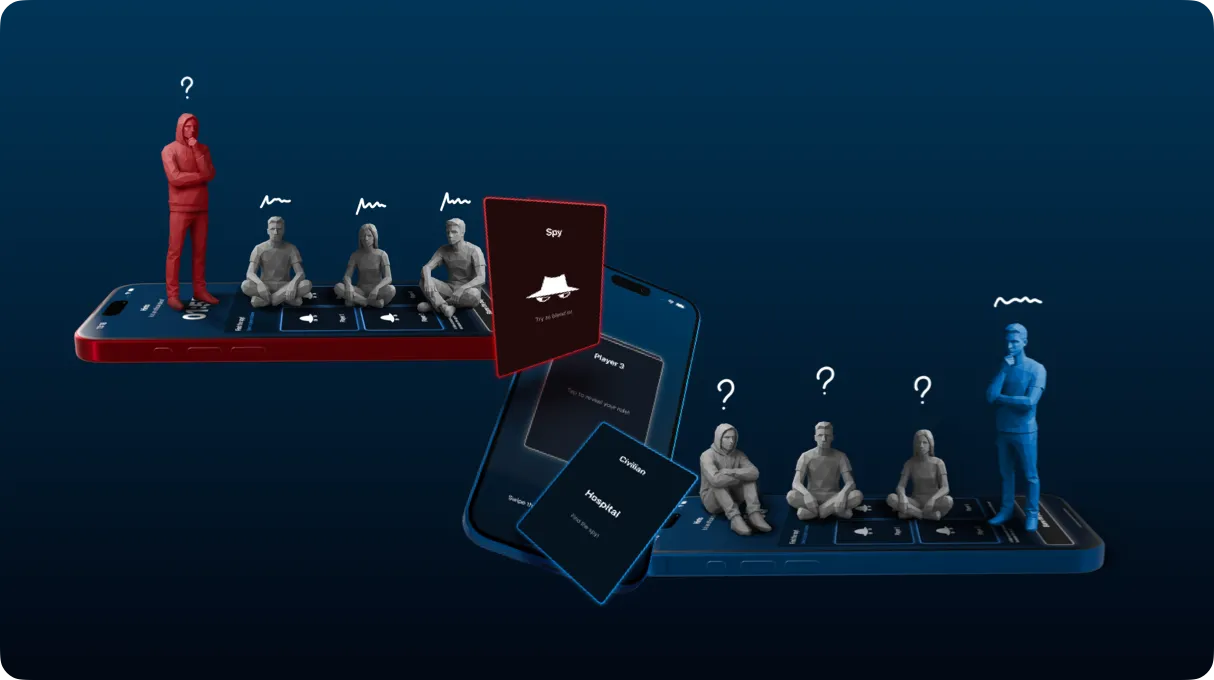 Small figures seated on two phones around SPY's cards, one red figure standing apart as the spy.